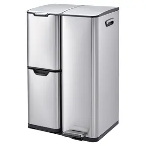 16 Gal/60L Triple Compartment Garbage Can with Lid – Stainless Steel Trash Can for Kitchen, Recycle Bins Combo with Inner Buckets & Foldable Foot Pedal, Garbage Bin for Home Office