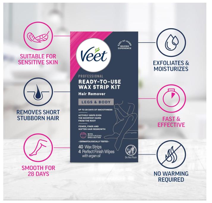 VEET Sugar Wax Strips For Women's Body Hair Removal, Bikini Hair Removal Kit, Pubic, Dermatologically Tested For Body & Intimate Areas, 40ct Wax Strips with Shea Butter & 4ct Wipes