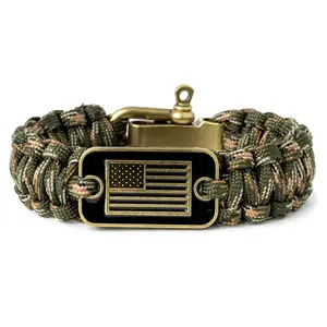 Camo Paracord Bracelet Men, Tactical Survival Bracelet with Bronze American Flag, Adjustable Emergency Rope Band, EDC Gift for Outdoorsman Hiking Camping Gear
