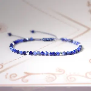 Natural Crystal Dainty Stacking Bracelet, Blue Sodalite Beads Handmade Braided Woven Adjustable Bracelet for Women, Healing Inner Peace Bracelet