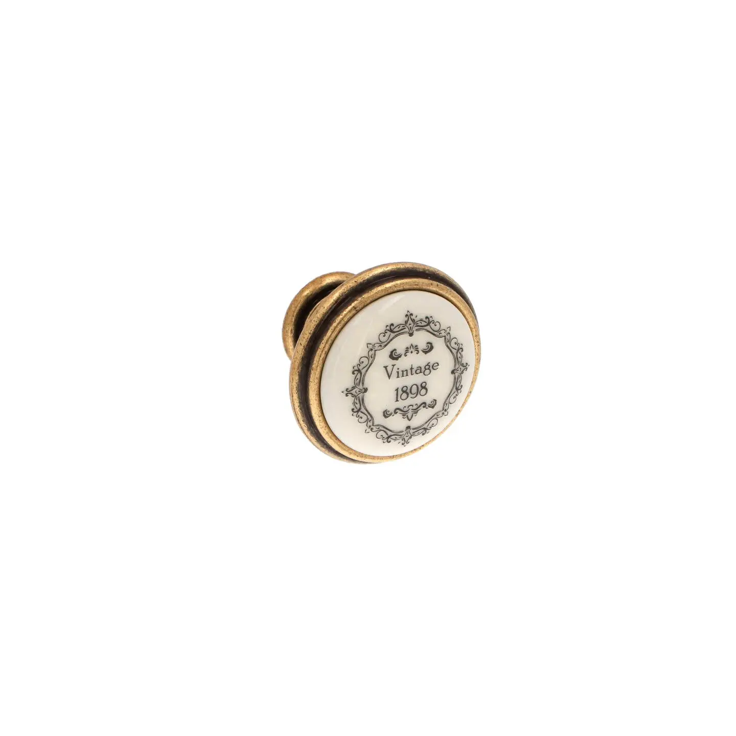 Round Cabinet Knob with Porcelain – Antique Brass with Vintage Patina