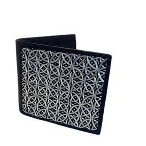 Handcrafted Men's Wallet with Silver Thread Embroidery and Unique Knot Design
