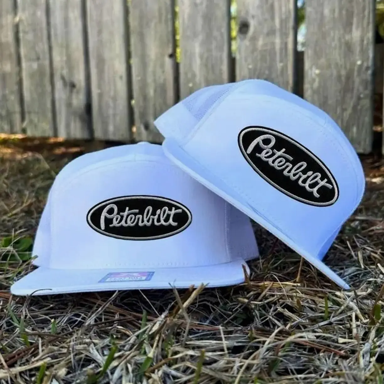 Vintage Peterbilt 7 Panel Trucker Hat – Old School Embroidered Snapback, Black/White/Khaki/Brown Mesh Back Cap