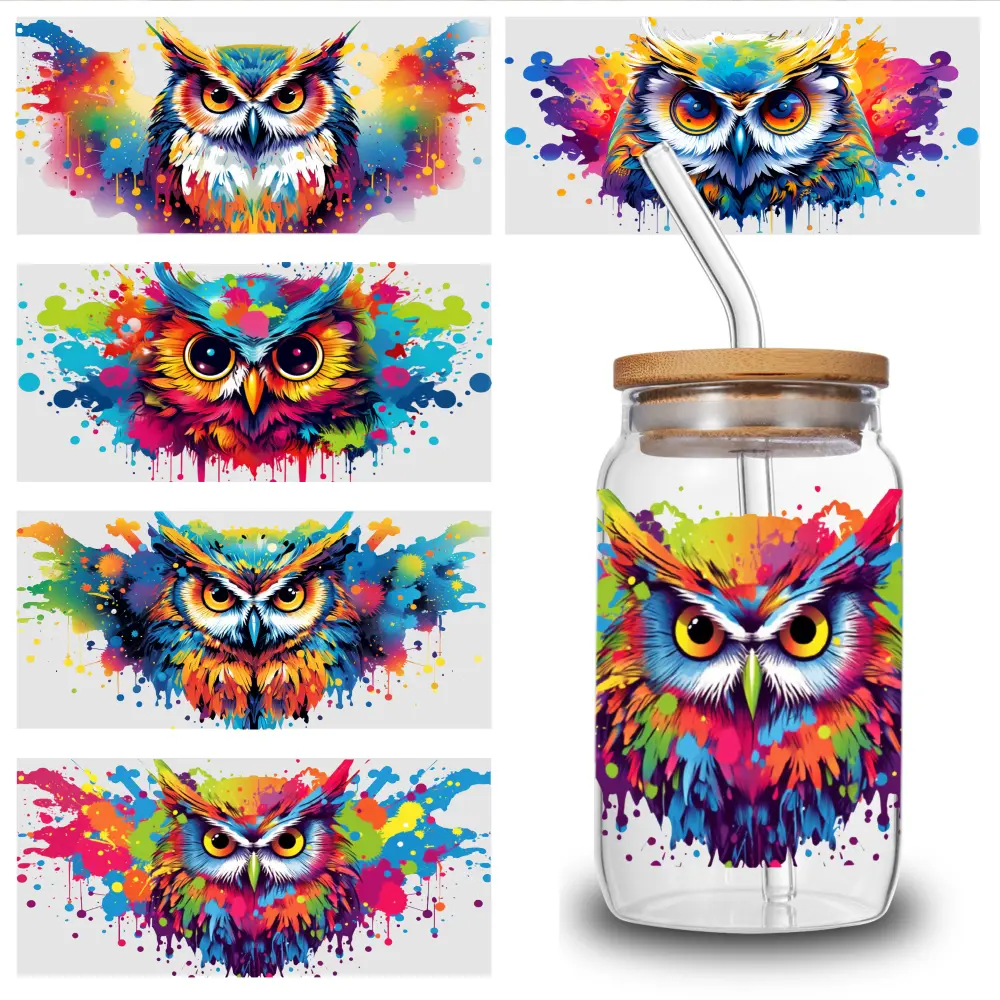 5 Sheets Colorful Owl UV DTF Stickers UV DTF Transfer Stickers for Glass Cups for 16 oz Tumbler Suitable for 16 oz Glass Plastic Self-Adhesive Labels Waterproof Decals side  eyes  sticker