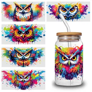 5 Sheets Colorful Owl UV DTF Stickers UV DTF Transfer Stickers for Glass Cups for 16 oz Tumbler Suitable for 16 oz Glass Plastic Self-Adhesive Labels Waterproof Decals side  eyes  sticker
