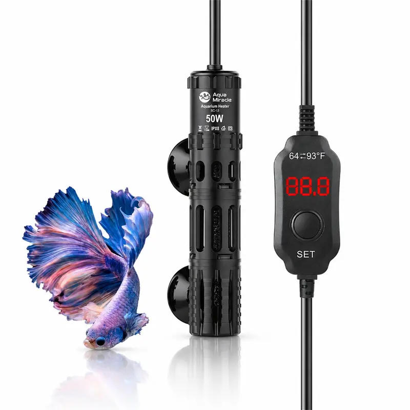 AquaMiracle Submersible Aquarium Heater (25-300W) with Protective Housing, LED Digital Display Thermostat, 1°F Thermostat Precision, 93°F Max Heat, 3-120 Gal Fit, Adjustable for Freshwater/Saltwater Tanks, Aquatic Fish & Plant Seedling Temperature Control
