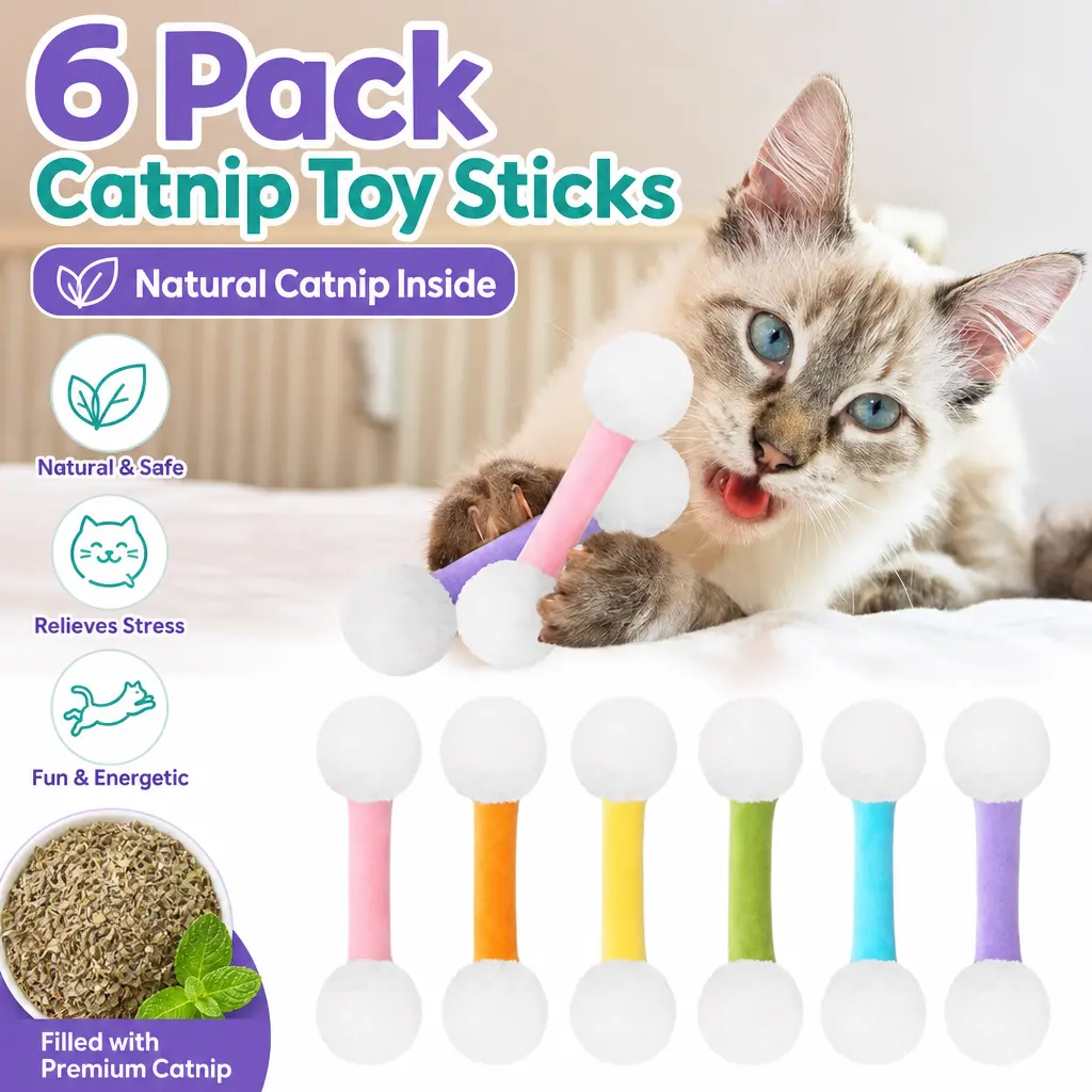 Catnip Toys for Indoor Cats 6 Pack, Soft Plush Kicker Sticks for Kitty, Interactive Cat Teething Chew Toy, Long Kicker Toy for Large Cats, Cat Lovers Gift for Birthday