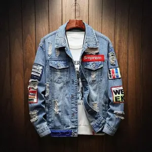 men's denim jacket ripped classic vintage slim cut ripped 2025 fashion embroidery trucker jeans jacket Tops Casual Long Sleeve Blue Menswear Fit Coats spring outfits men western clothing Gamis Black 1135[Patch] spring outfits men