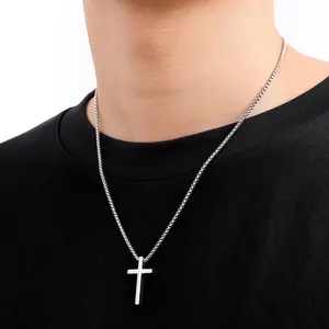 Cross Necklace for Men Women, Stainless Steel Plain Cross Pendant Necklace Box Chain, Cross Pendant Cuban Link Rope Chain, Hip Hop Necklace, 17.7 Inch