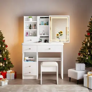 Vanity Desk with Sliding Mirror & LED Lights, Makeup Vanity Set with 3 Lighting Modes & Adjustable Brightness, Modern Dressing Table with Drawers, Open Shelves & Padded Stool for Bedroom, White