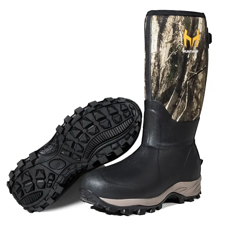 Hunthor Men's Hunting Ankle-High Footwear - Waterproof Rubber Boots, Closed Round Toe, Camo Print, 6mm Insulated Neoprene, Steel Shank, Slip-Resistant Sole, Breathable Mesh, Adjustable Back Gusset, All Seasons Basic Shoes, Size 6, for Hunting Work