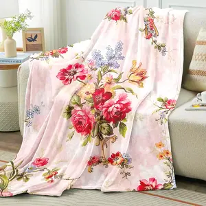 Vintage Floral Print Flannel Blanket, Home Decor & Daily Gift, All-Season Use, Suitable for Sofa, Bed, Office Nap