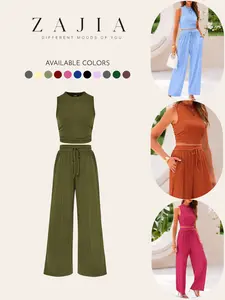 Women Summer 2 Piece, Knitted Crew Neck Sleeveless Tank Top, Elastic Waist Wide Leg Pants, Casual Loungewear Set
