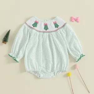 Infant Baby Girls Christmas Rompers Smocked Long Bubble Sleeve Dot Print Tree Embroidery Jumpsuit Fall Winter 0-18 Months