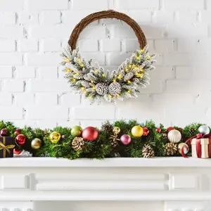 COSTWAY - Pre-lit Snow Flocked Artificial Christmas Wreath with 8 Pine Cones and 35 LED Lights