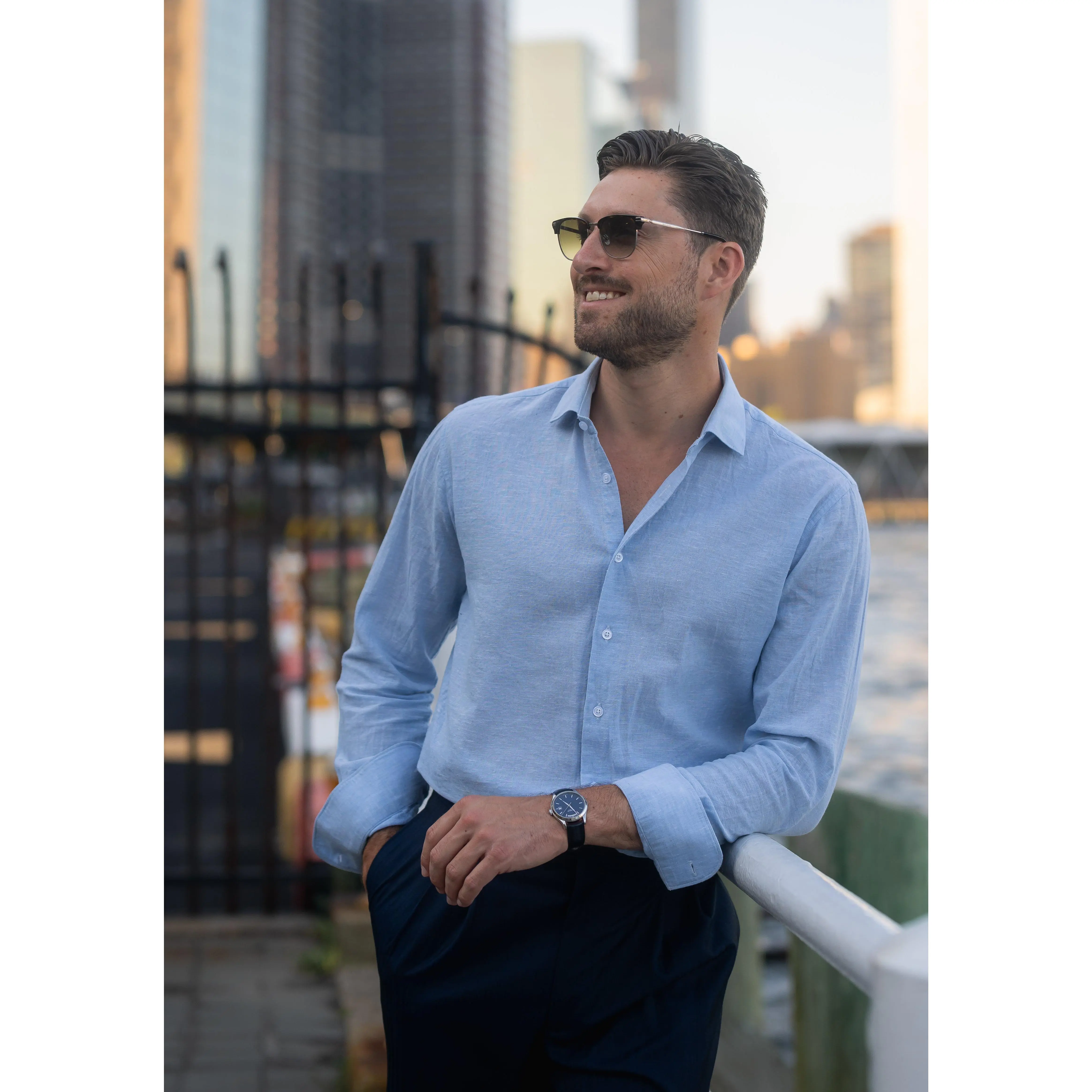 Light Blue Cotton-Linen Shirt - Cutaway Classic Collar