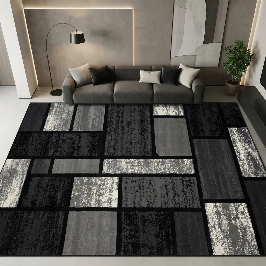 Black Grey Geometric Washable Area Rug 8x10 5x8 4x6, Modern Abstract Color Block Soft Velvet Low Pile Non Slip Carpet for Living Room Bedroom Dining Office Decor