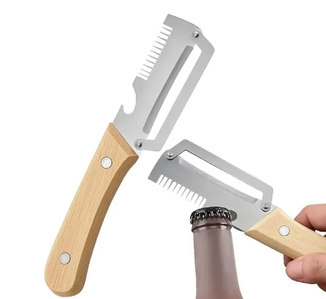 2PCS Vegetable Peeler With Wooden Handle, Stainless Steel Wide Blade Potato and Carrot Peeler, 3-in-1 Veggie Peeler With Scallion Shredder and Bottle Opener for Kitchen, Camping and Trave