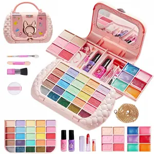 Kids Makeup Kit for Girls, Washable Pretend Play Cosmetic Set with Mirror & Handbag, Princess Makeup Toy with Eyeshadow Lip Gloss Nail Polish, Perfect Birthday Christmas Easter Gift for Little Girls, Kids Vanity, Pretend Play Accessories
