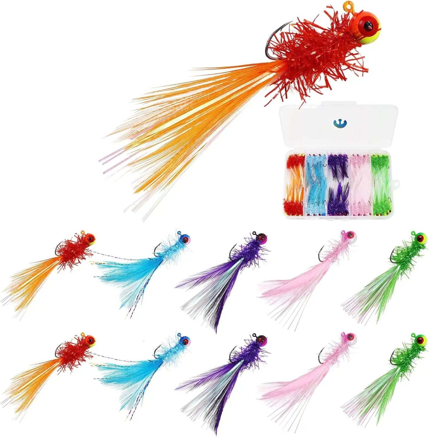 40 count Crappie Jigs, Marabou  Hair Jigs, Heads with  Hand-Tied Fishing Hair Jigs for Panfish Sunfish Walleye 1/28oz,1/14oz