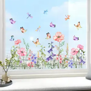 A dreamy flower, butterfly and dragonfly creative static glass Decorative sticker for window decoration, visible from both sides, D20561