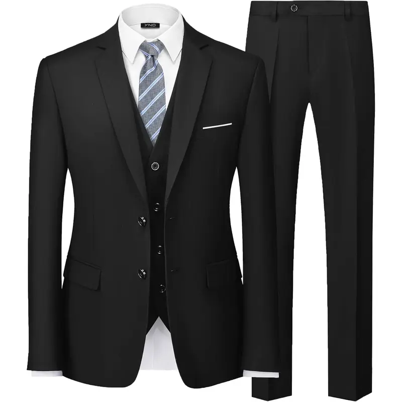 YND Men's 3 Piece Suit Set with Tie, 2 Button Slim Fit Solid Blazer Jacket Vest Pants, Business Wedding Party Suits for Men