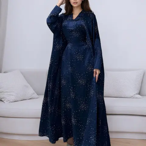 Women's Long Arab Robe, Tie Back Design, Loose-Fitting, Long Sleeve, Casual Style, Hotfix Rhinestones, All Seasons, Party Dress, Adjustable