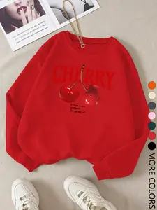 New Casual Creative Cherry Pattern Print Sweatshirt, Teen Girls Sportswear, Women Daily Wear, Fashion Comfort Long Sleeve Pullover