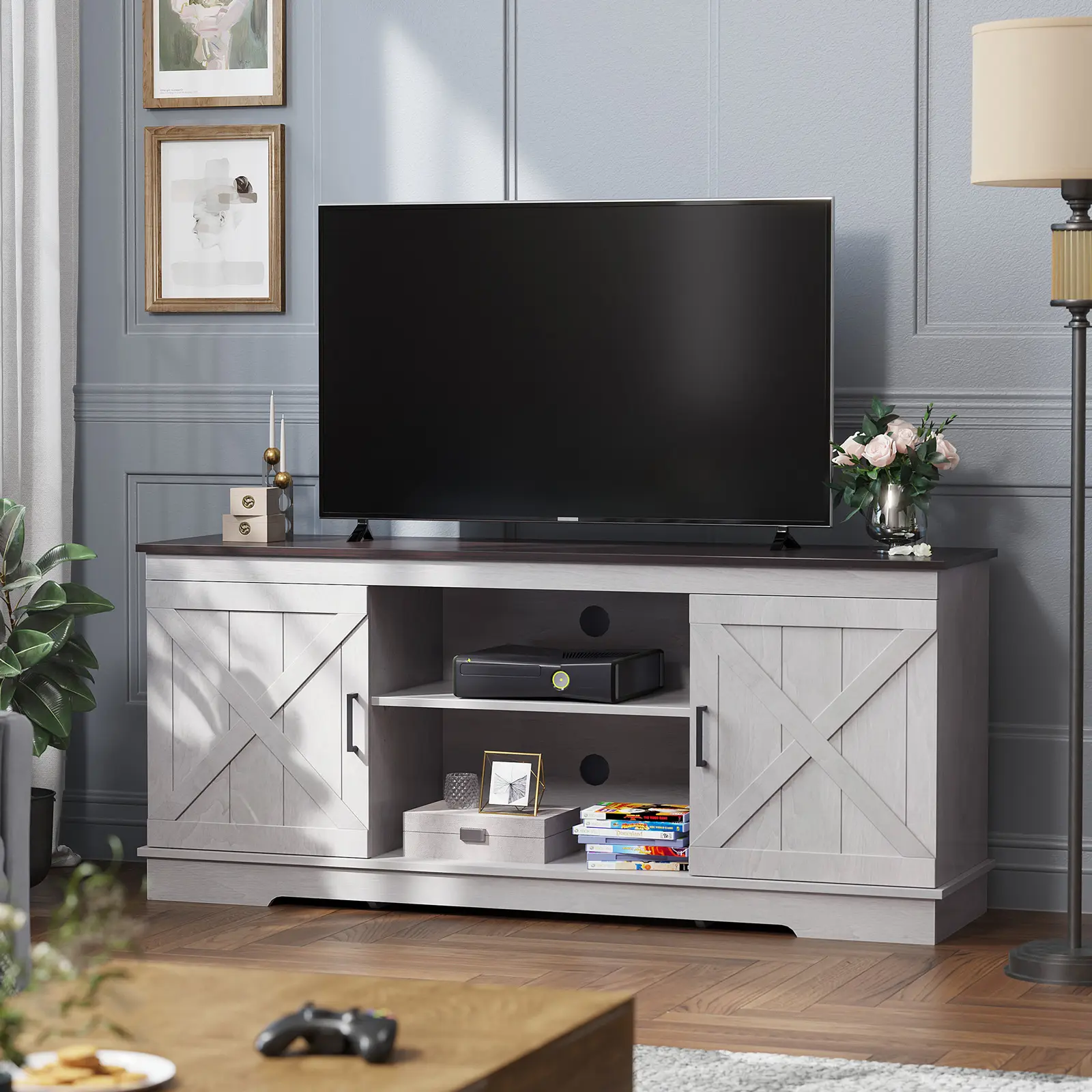 Yitahome Farmhouse TV Stand for 65 Inch TV, Mid Century Modern Entertainment Center for 300lbs with Double Barn Doors, Rustic TV Media Console TV Cabinet for Living Room, Grey White/Espresso
