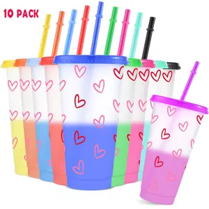 10pcs/24oz/710ml/Plastic Tumblers,Color Changing Cups With Lids And Straws,Iced Coffee Cups,Water Bottle,Drinkware,Heart Pattern Design, Perfect For Birthday Celebration And Gatherings,Warm gifts for family and friends,Valentine's Day Gifts