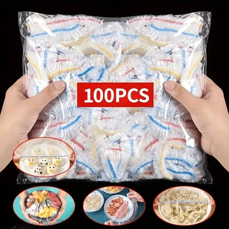 100pcs Reusable Food-Grade PE Elastic Food Storage Container Covers - Leakproof, Stretch-to-Fit, Microwave-Safe Utility Lids, Disposable-Alternative Kitchen Gadget for Meal Prep (Fits Jars, Bowls, Containers, Fruit & Veg)