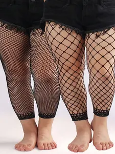 2 Pairs Plus Size Women Casual Leggings Set Solid And Fishnet