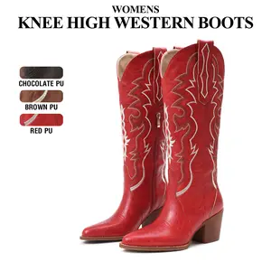Womens Cowboy Knee High Boots Pointed Toe Comfy Chunky Block Heel Cowgirl Tall Boots Side Zipper Classic Retro Embroidered Fashionable Western Boots