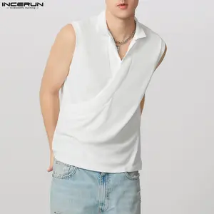 INCERUN Men's Minimalist Stand Neck Knit Tank Top - Textured Fabric Basic Top, Cross Design Sleeveless Shirt, Mensfashion Vest