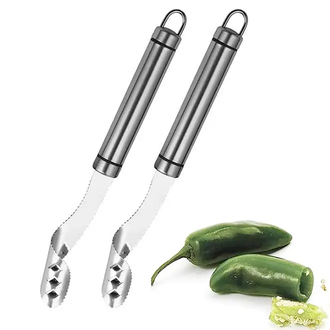 2pcs Stainless Steel Jalapeno Pepper Corer Kitchen Gadget Set - Dual-Use Chili Seed Remover with Serrated Blade, Handle, Fruit Vegetable Slicer for Cooks, Utensils for Tops, Cores
