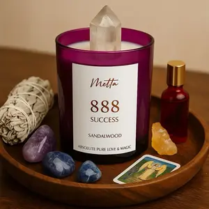 888 Angel Number Success Candle with Large Quartz Crystal scented with Sandalwood