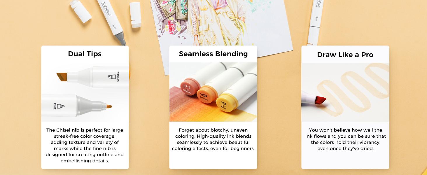 Ohuhu Alcohol Markers: Chisel & Fine - 36 Grayscale Colors / 36 Skin-Tone Portrait Colors- Double Tipped Alcohol Based Art Marker Set for Artist Adults Coloring Shading Layering - Refillable - Oahu Series of Ohuhu