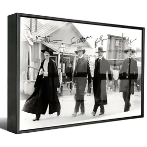 Tombstone 1993 Classic Western Movie Signed Cast Black White Canvas Wall Art, Four Leading Actors Vintage Walk Scene Film Poster Canvas Print for Man Cave Home Bar Decor