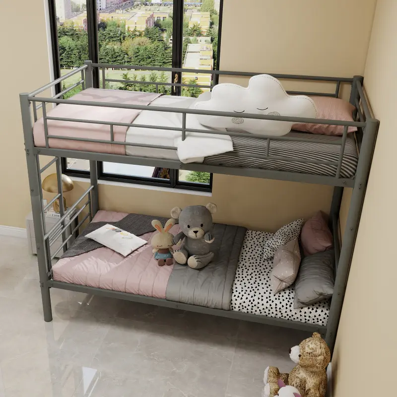 Twin Over Twin Metal Bunk Bed with Built-in Ladder and Safety Guardrail, Heavy Duty Metal Bunk beds, Space Saving, Convertible 2 Beds, Noise Free, No Spring Box Required