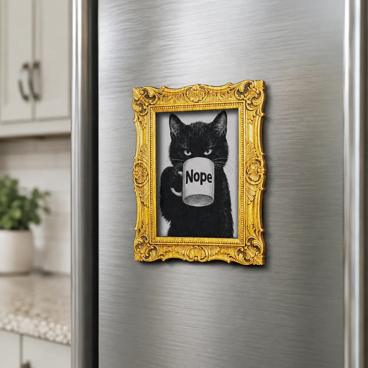 Funny Nope Black Cat Gold Rectangle Frame Fridge Magnet Humorous Cat Meme Refrigerator Magnet