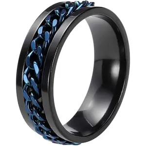 Adults Fidget Ring 0.8" (20.8mm) Dia. Titanium Steel Chain Rotatable Rings, Metal Band Rings Perfect for Men & Women (Black Blue)
