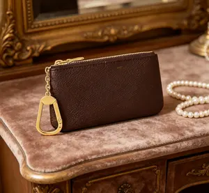 Vintage Monogram Zipper Wallet, Mini Coin Purse with Detachable Keyring, Compact Keychain Card Holder for Women & Men