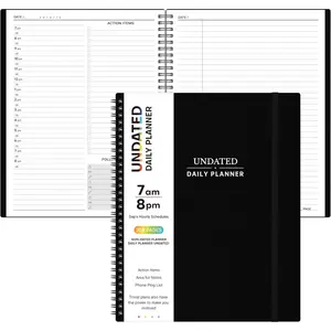 Daily Planner Undated - Spiral Appointment Planners, 208 Pages, 8.8" x 11", Daily Planner with Hourly Schedules, Appointment Book for Man/Women, Inner Pocket, Elastic Closure