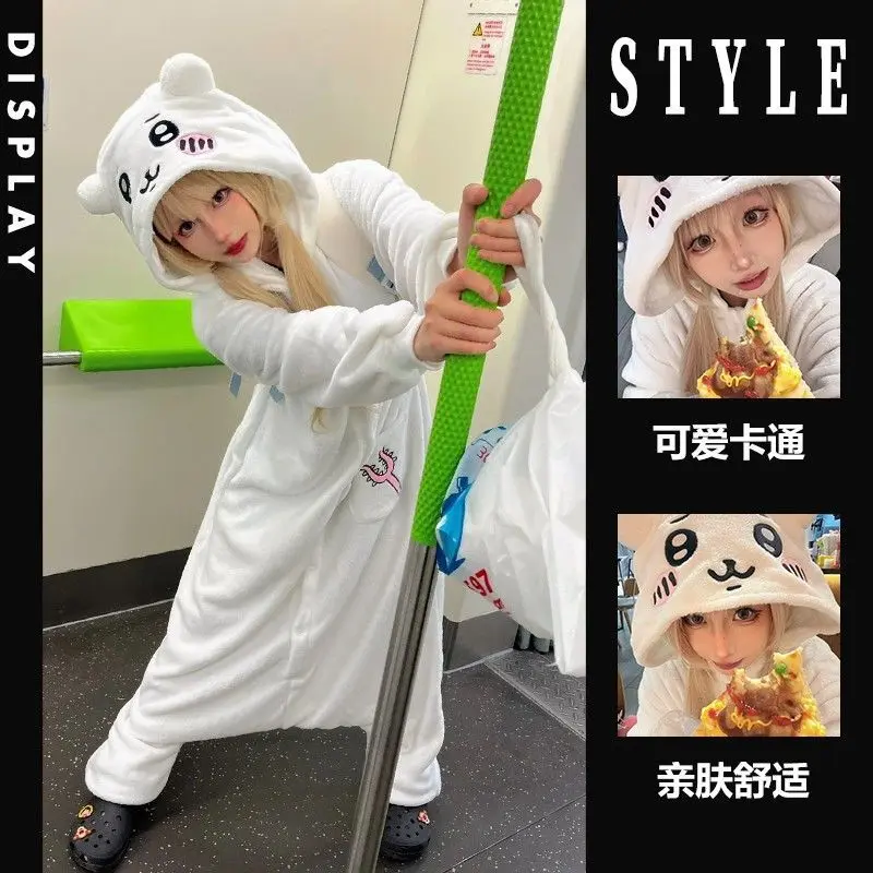 Kawaii Chiikawa Usagi Hachiware Plush Piece Pajamas Anime Cute Flannel Homewear Autumn Winter Girls Student Cartoon Nightwear