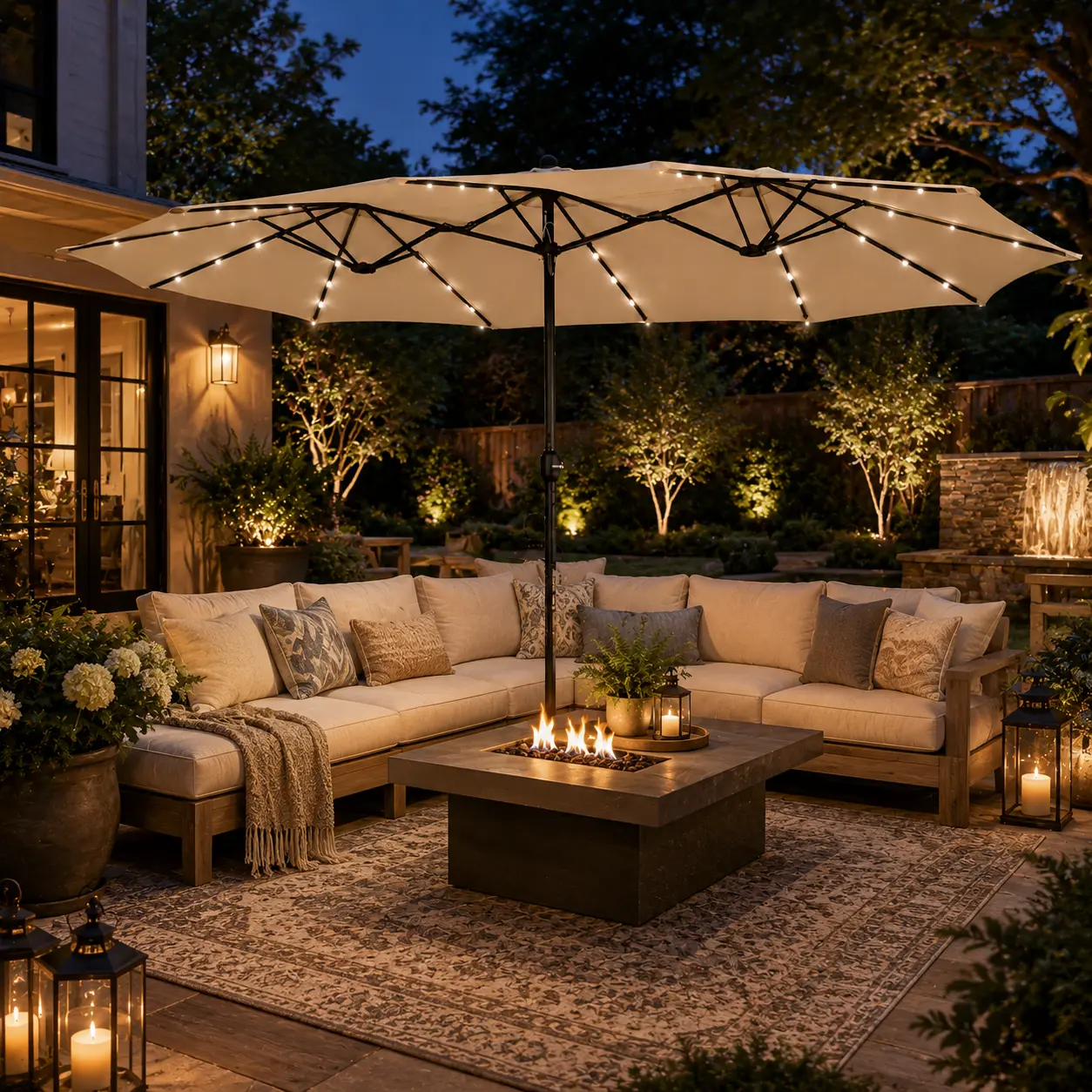 【Solar Led Lights】Yaheetech 13/15ft Large Patio Umbrella , Outdoor Double-Sided Rectangle Umbrella with 36 LED Lights & Crank for Patio Garden Pool Lawn Backyard, Base Included