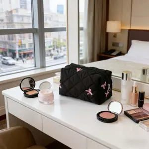 Cute Bowknot Decorative Large Capacity Student Makeup Bag, Floral Pattern Desk Organizer, Portable Stationery Storage Pouch