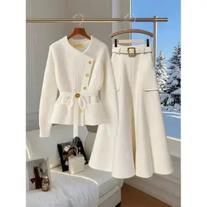 Women’s Winter Wear – White Sweater + High-Waist Slim-Fit Skirt (Single Set), Fashionable Petite Style, New Design