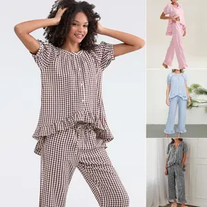 Women's Pajama Set, Short Sleeve Plaid Print Button Up Shirt & Ruffle Pants Set Sleepwear Loungewear, Ladies Set for Indoor Outdoor Wear, Ladies Clothes for Daily Wear, Casual Set