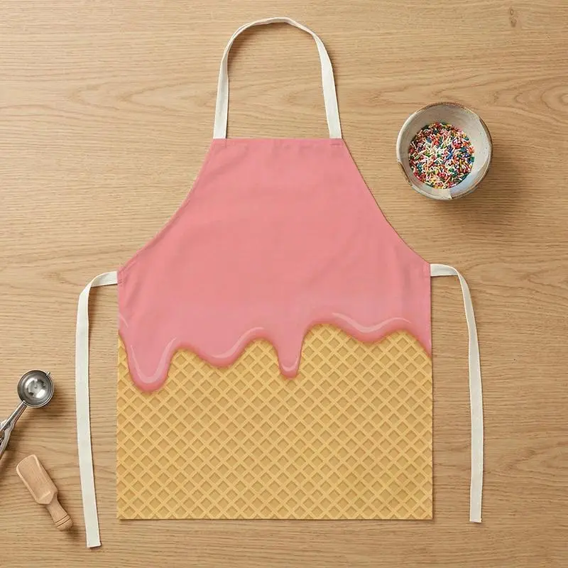 Women's Cotton-Linen Sweet Pink Strawberry Ice Cream Waffle Cone Print Kitchen Apron, Cartoon Dessert Character Dessert Design Bib with Pocket for Baking, Cooking, Cafe Waitstaff, Cartoon Dessert Character Aprons