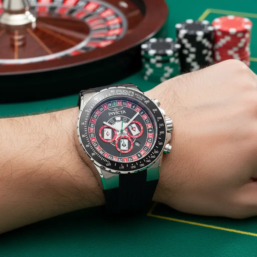 Invicta Aviator Men's 50mm Chronograph Watch - Black Roulette Dial, Stainless Steel Case, Black Silicone Strap, Playing Card Sub-Dials, Green Sweep Hand, Tachymeter, Dice Bezel, Japanese Quartz VD53, 100m Waterproof Sport Casino Fashion Accessory